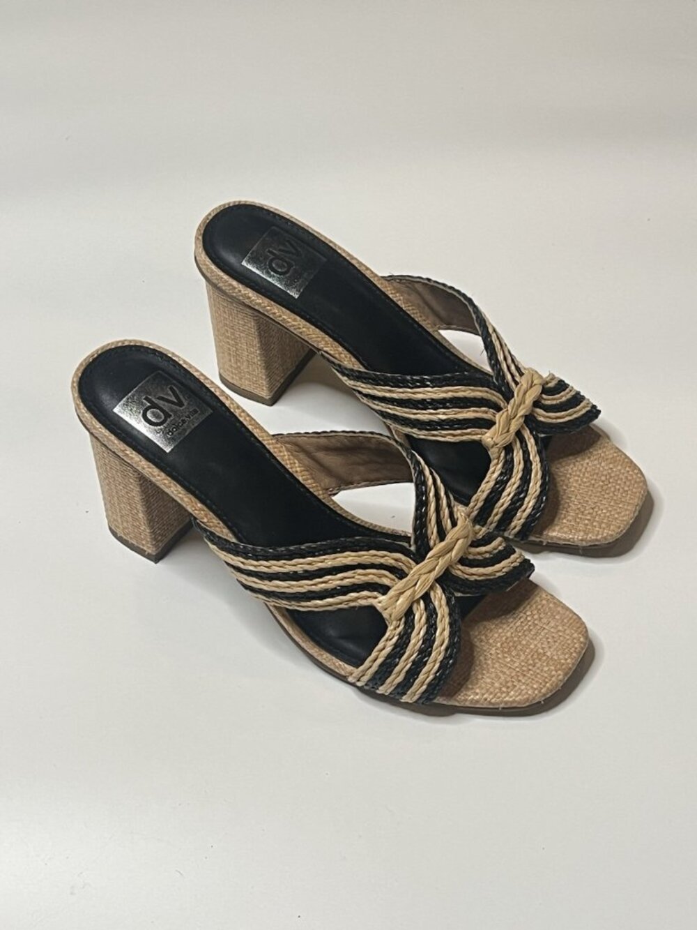 Dolce Vita DV Womens Woven Raffia Slide Sandals Black Tan Block Heel Square Toe
